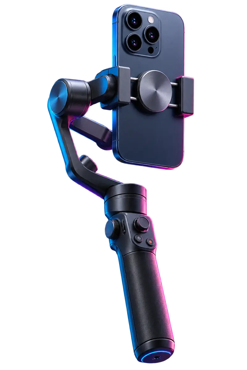Poglądowe zdjęcie gimbala DJI Osmo Mobile 8P z telefonem iPhone 17 Pro Max